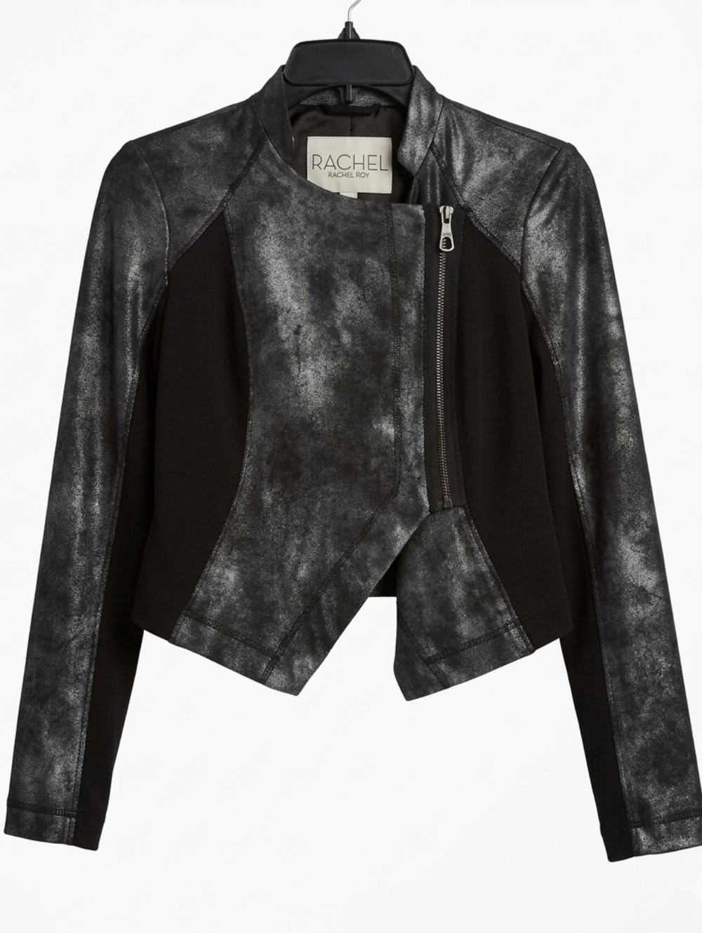 RACHEL Rachel Roy  Metallic Black Cropped Moto Jacket Size XS